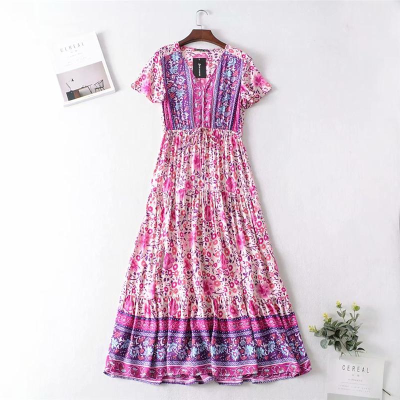 Boho Maxi Dress, Wild Floral, Fresh Pink Fuchsia