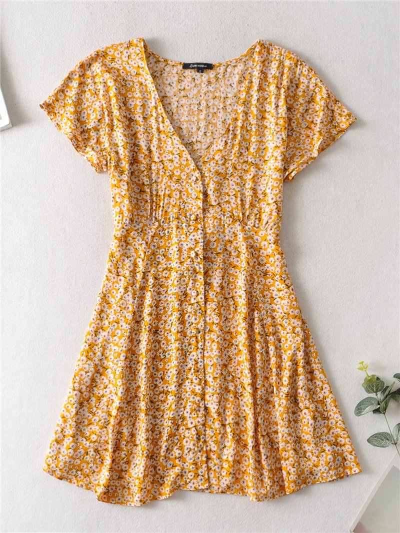 Boho Mini Dress Sundress, Wild Floral Yellow Daisy