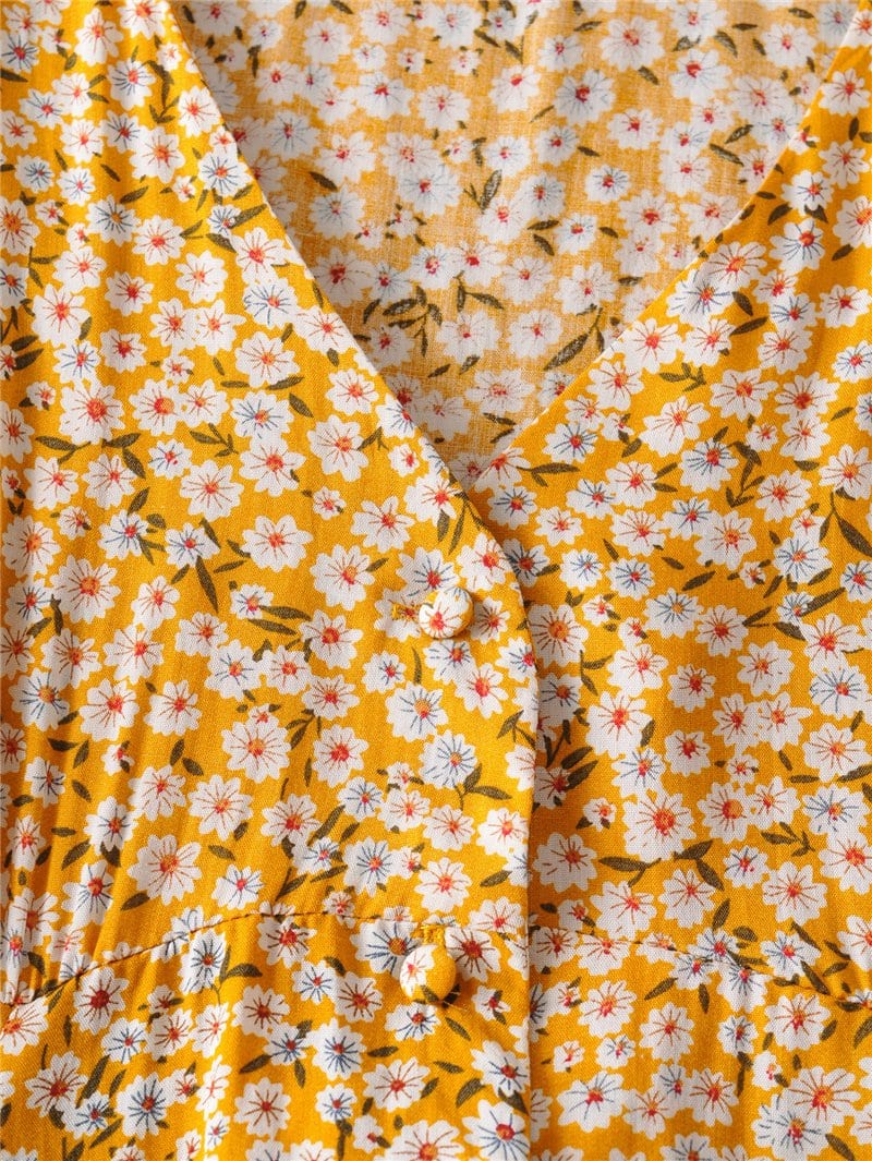 Boho Mini Dress Sundress, Wild Floral Yellow Daisy