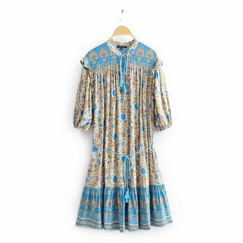 Boho Mini Dress Sundress, Tunic Dress, Indian Flower in Blue