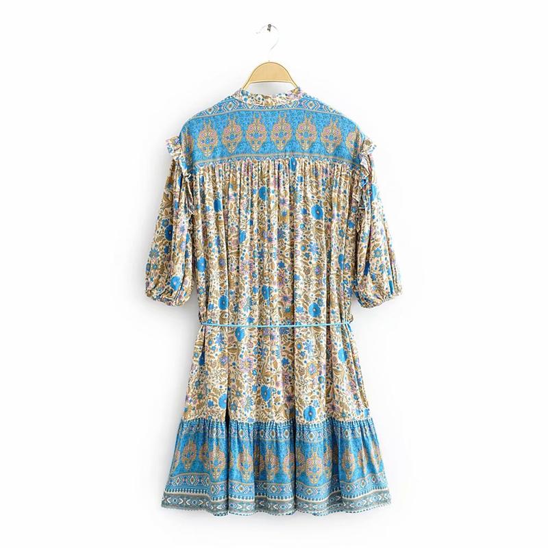 Boho Mini Dress Sundress, Tunic Dress, Indian Flower in Blue