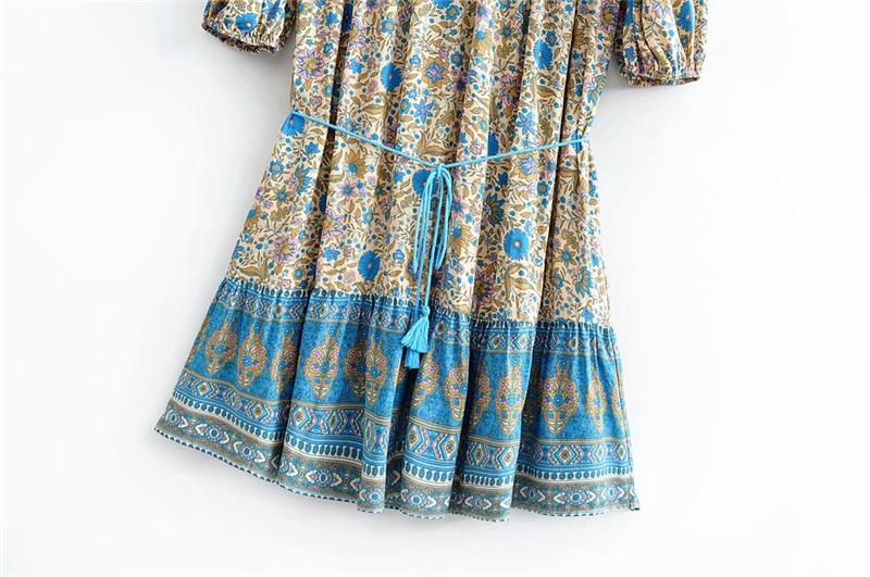 Boho Mini Dress Sundress, Tunic Dress, Indian Flower in Blue