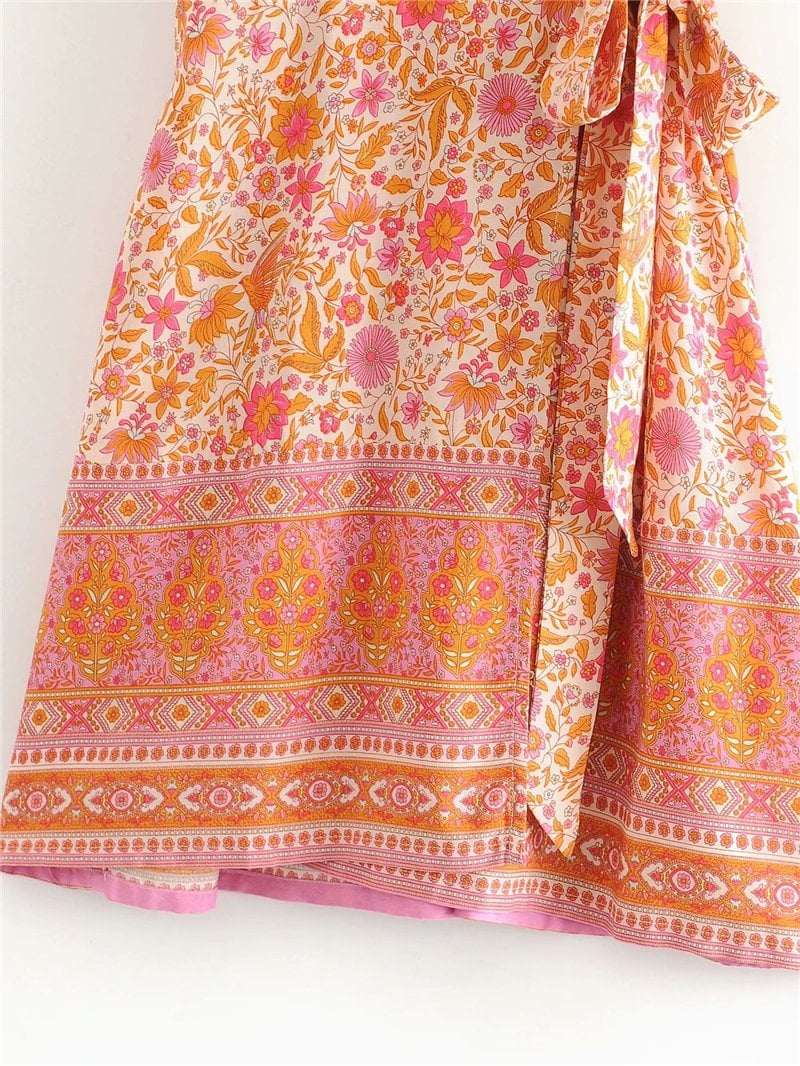 Boho Mini Dress Sundress, Indian Flower in Pink