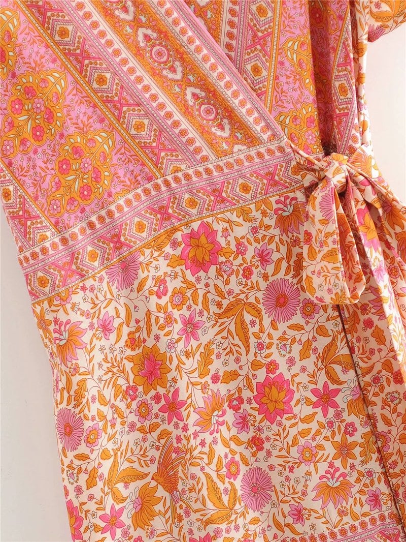 Boho Mini Dress Sundress, Indian Flower in Pink