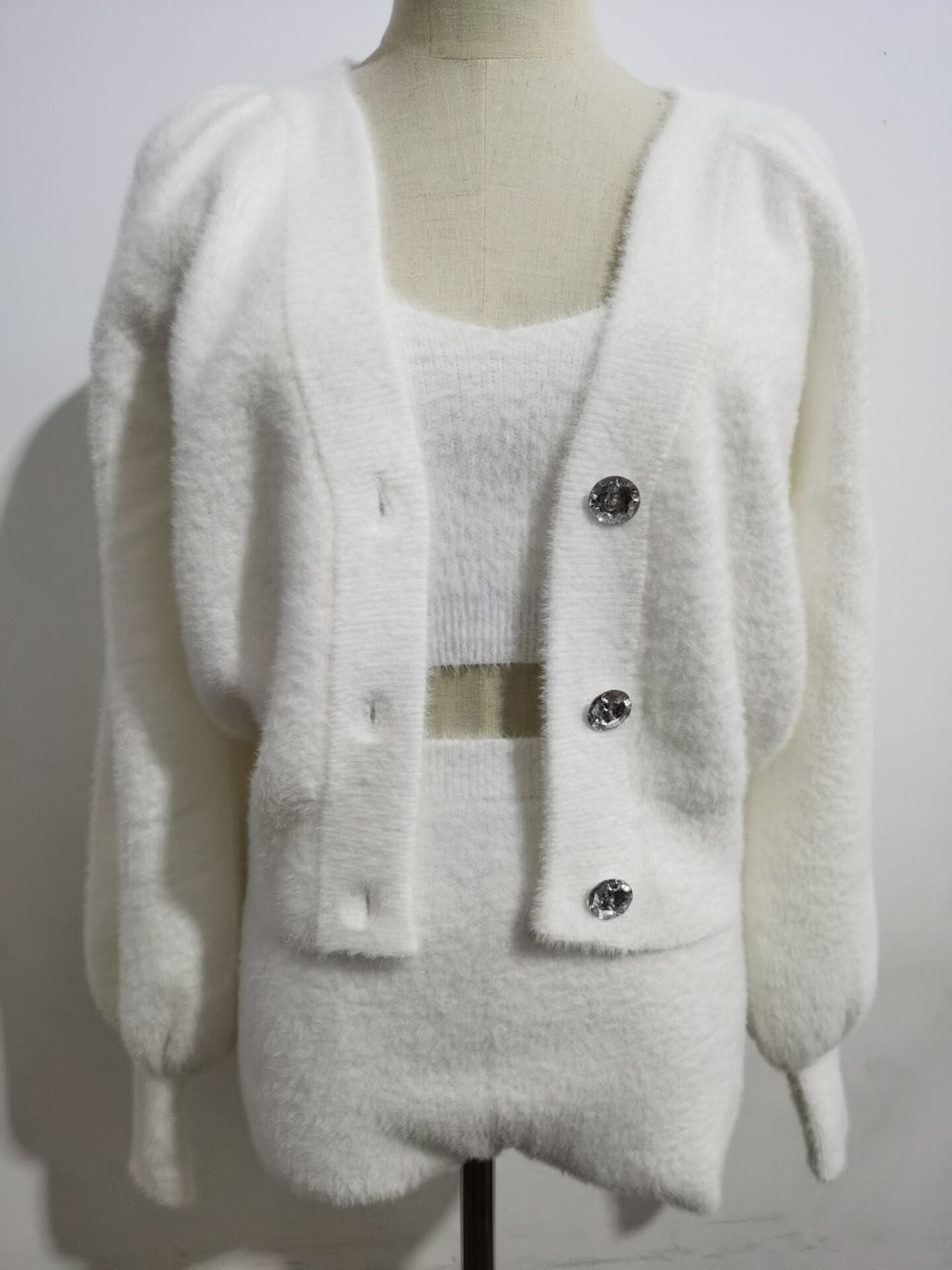 Autumn  Winter Two Piece Set, Matching Jacket and Mini Skirt, Furry Vintage Winter in Show White