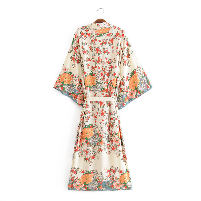 Boho Robe, Kimono Robe,  Beach Cover up, Camila White Floral