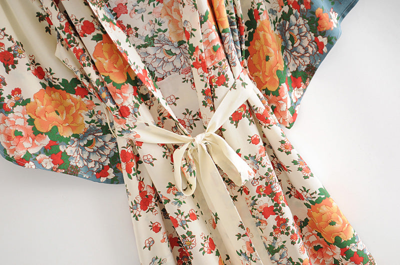 Boho Robe, Kimono Robe,  Beach Cover up, Camila White Floral