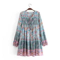 Boho Mini Dress Tunic Dress,  Karlie Vintage Blue Rose