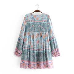 Boho Mini Dress Tunic Dress,  Karlie Vintage Blue Rose