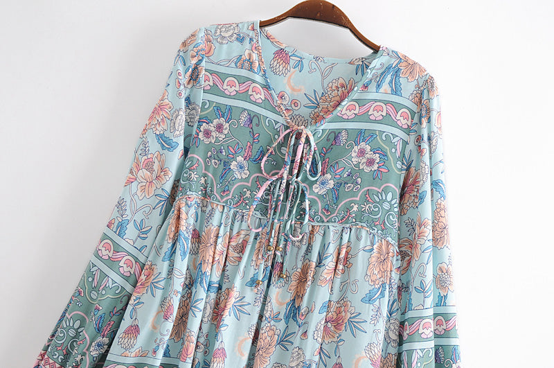 Boho Mini Dress Tunic Dress,  Karlie Vintage Blue Rose