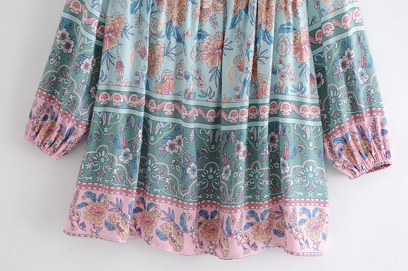 Boho Mini Dress Tunic Dress,  Karlie Vintage Blue Rose