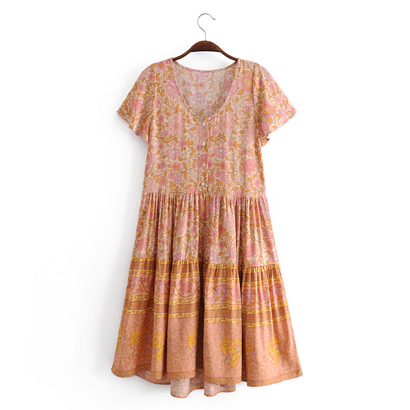 Boho Mini Dress Sundress, Indian Flower Pink