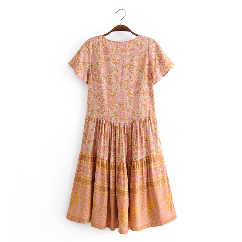 Boho Mini Dress Sundress, Indian Flower Pink