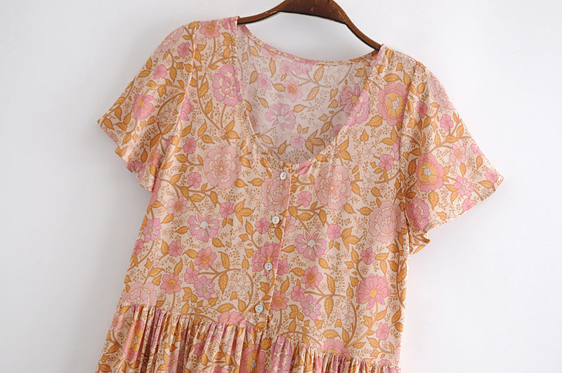 Boho Mini Dress Sundress, Indian Flower Pink