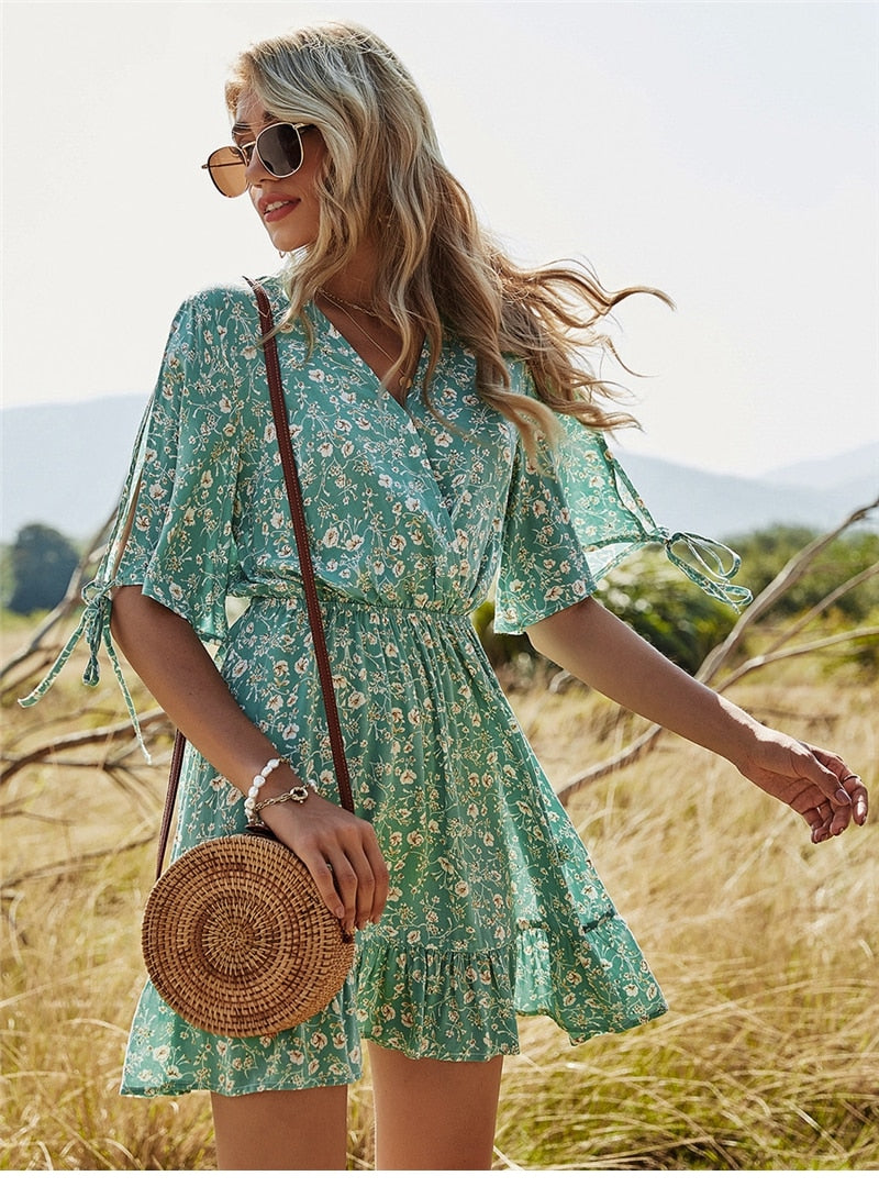 Boho Mini Dress Sundress, Jasmine Green