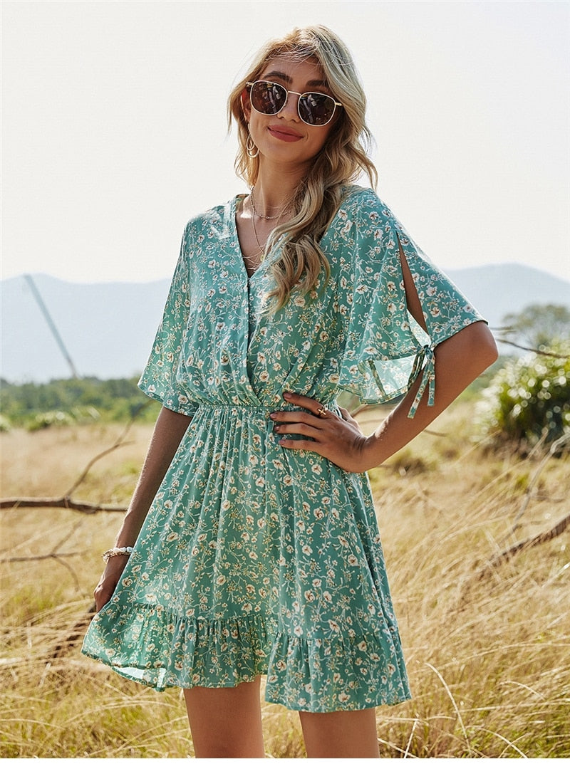 Boho Mini Dress Sundress, Jasmine Green