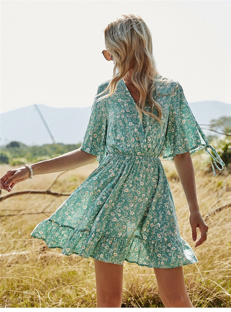 Boho Mini Dress Sundress, Jasmine Green