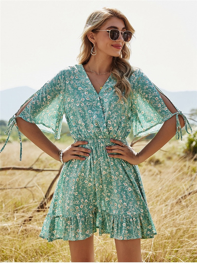 Boho Mini Dress Sundress, Jasmine Green