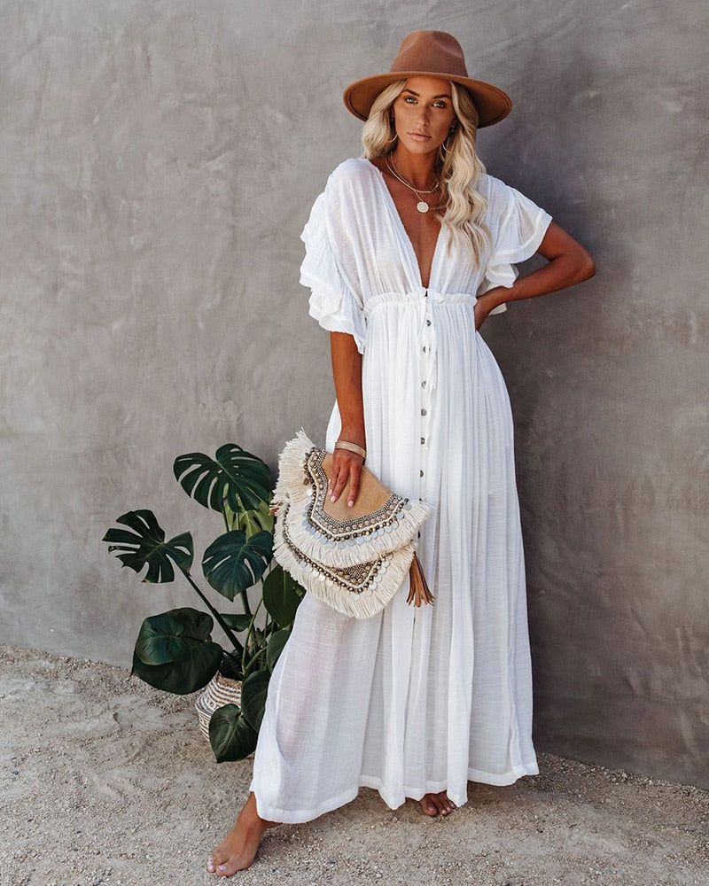 Beach Dress, Cover up Dress,, Boho Robe, Irma Gypsy in White and Green