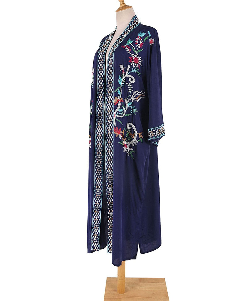 Beach Robe, Boho Robe, Embroidered Navy Floral Robe