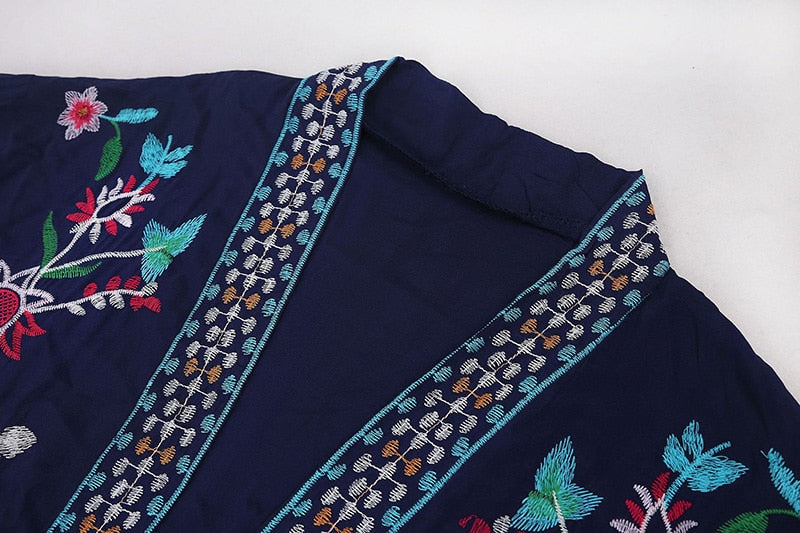 Beach Robe, Boho Robe, Embroidered Navy Floral Robe