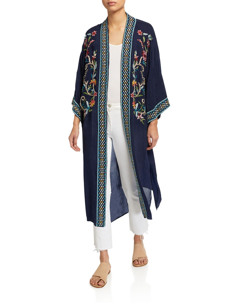 Beach Robe, Boho Robe, Embroidered Navy Floral Robe