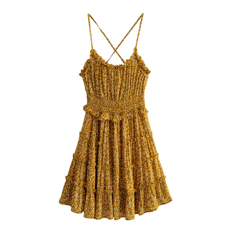 Boho Mini Dress Strappy, Sweet Yellow Daisy