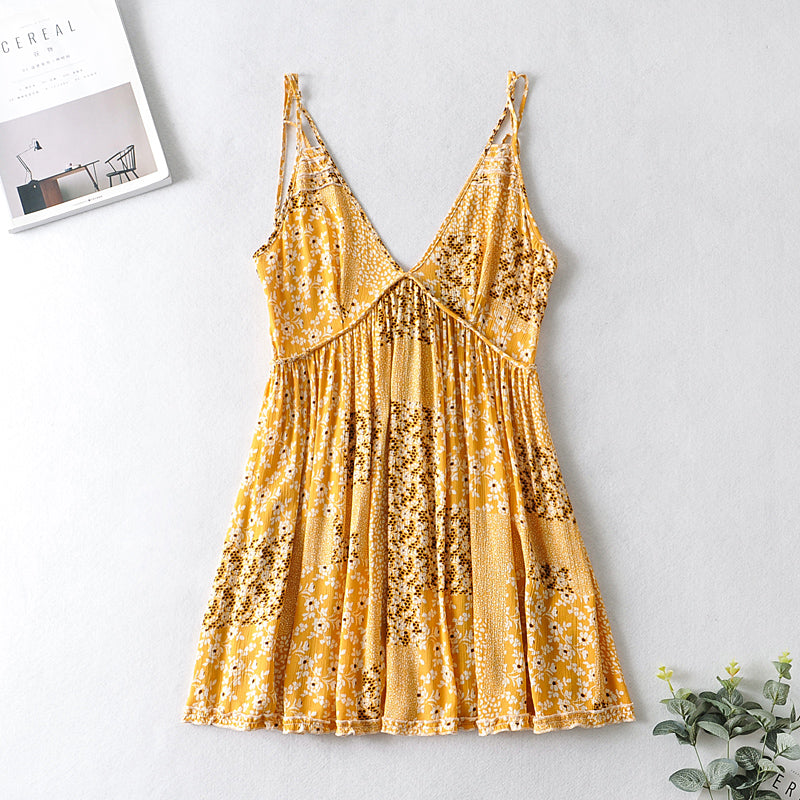 Boho Mini Dress Strappy, Daniela Yellow Flower Child