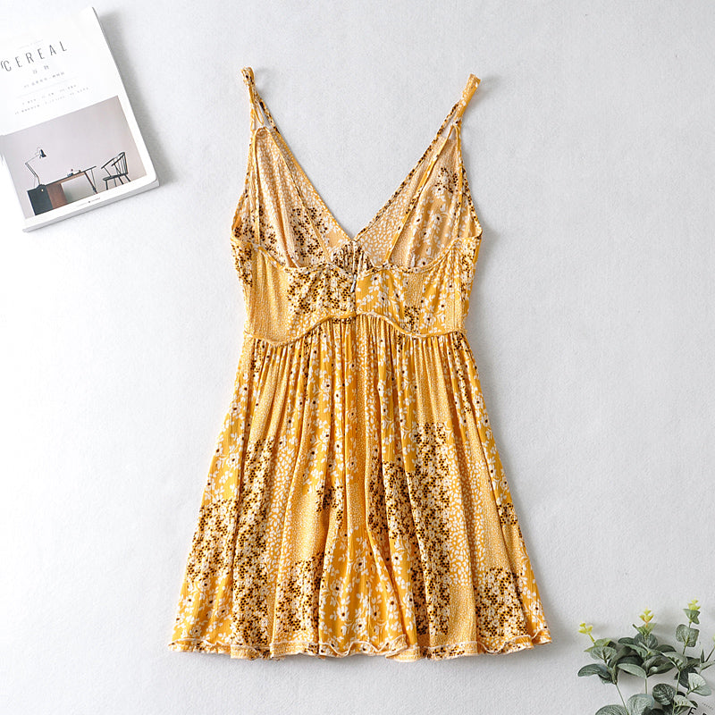 Boho Mini Dress Strappy, Daniela Yellow Flower Child