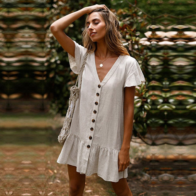 Boho Mini Dress Tunic Dress, Sundress, Berenice in White Apricot