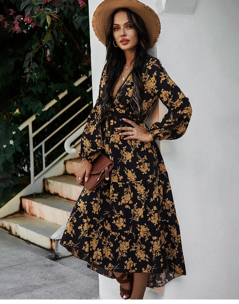 Boho Maxi Dress, Vintage Dress, Black Gold Rose