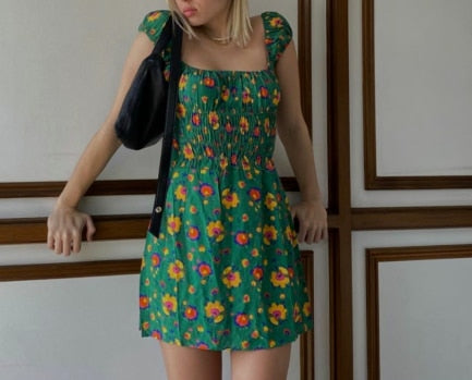 Boho Mini Dress Sundress, Green Poppy