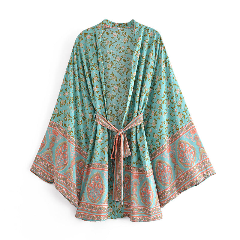 Boho Robe, Kimono Robe,  Beach Cover up, Wild Floral in Mint Green