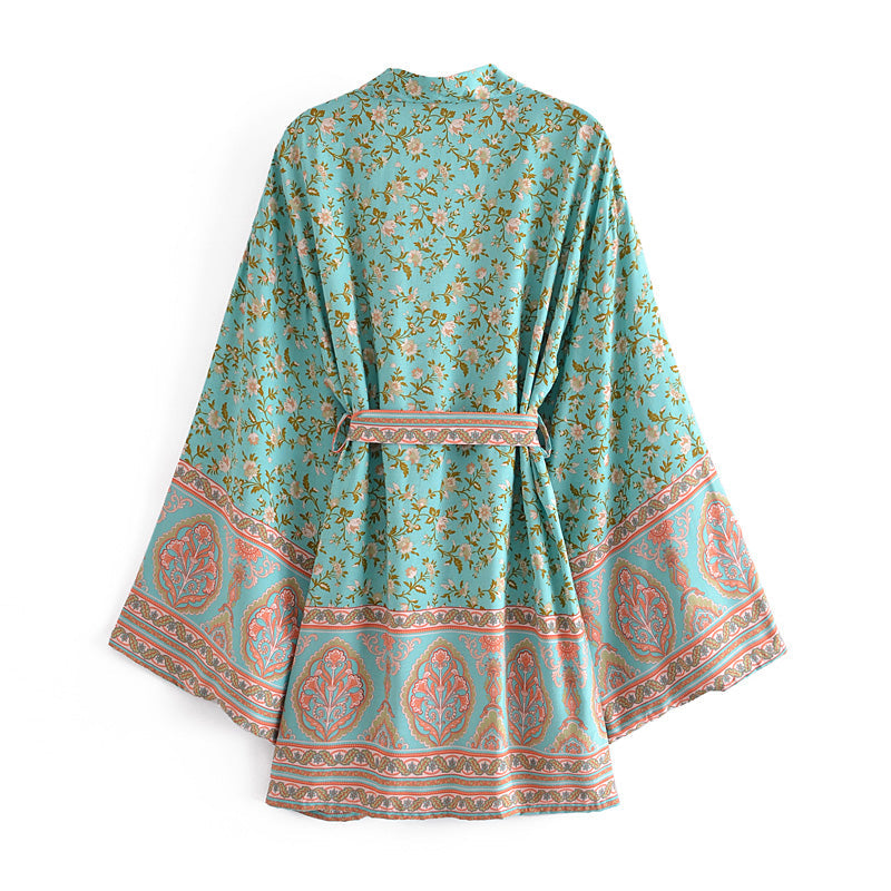 Boho Robe, Kimono Robe,  Beach Cover up, Wild Floral in Mint Green