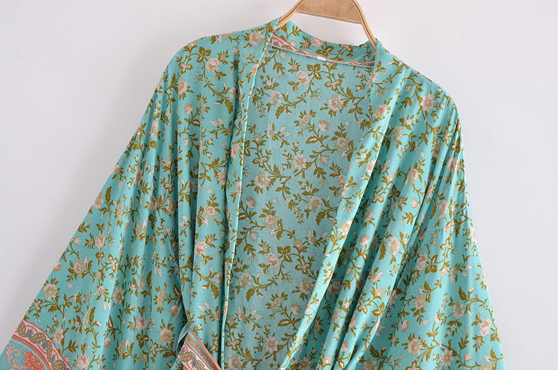 Boho Robe, Kimono Robe,  Beach Cover up, Wild Floral in Mint Green