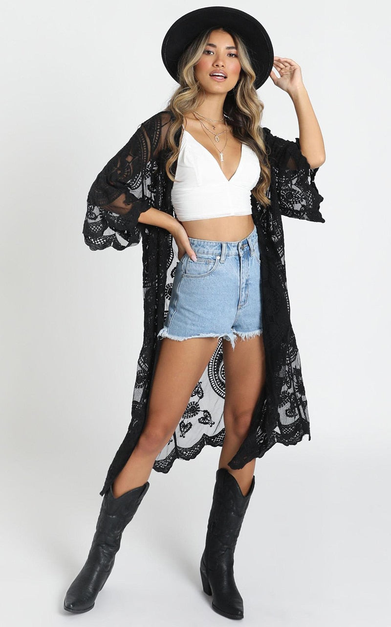 Beach Robe, Cover Up, Lace White and Black Annabelle