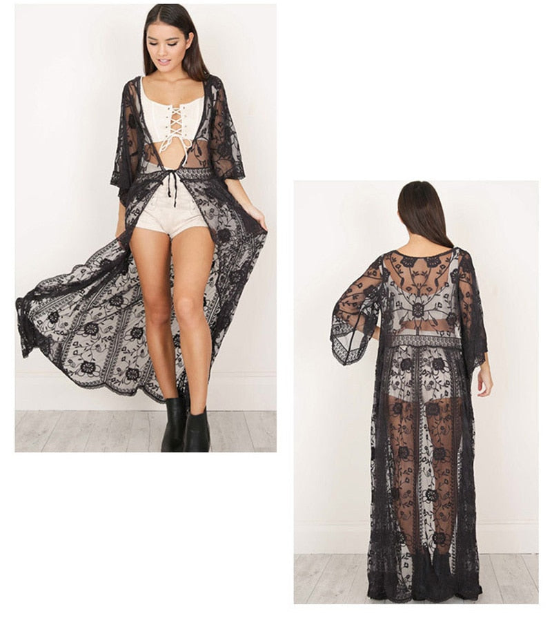 Beach Robe, Cover Up, Emilie in Black and White Lace