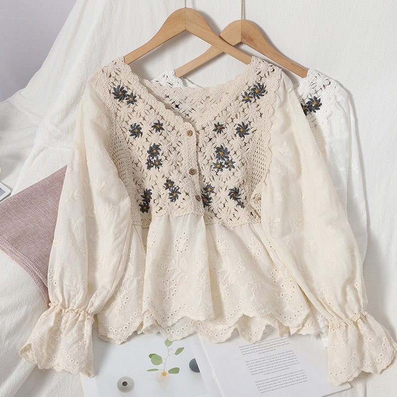 Boho Vintage Blouse Shirt, Yara in White and Apricot