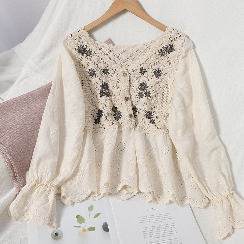 Boho Vintage Blouse Shirt, Yara in White and Apricot