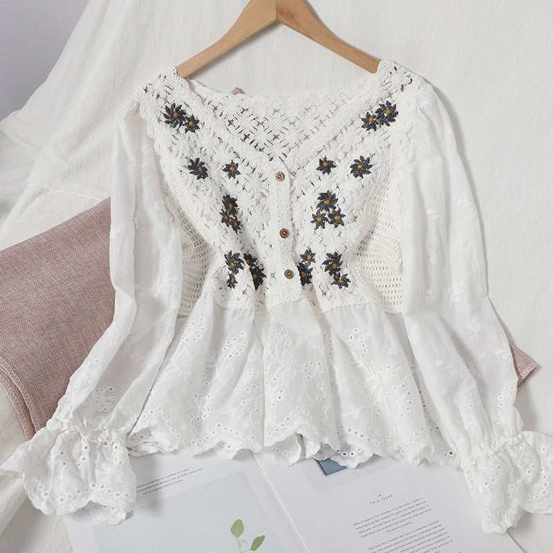 Boho Vintage Blouse Shirt, Yara in White and Apricot