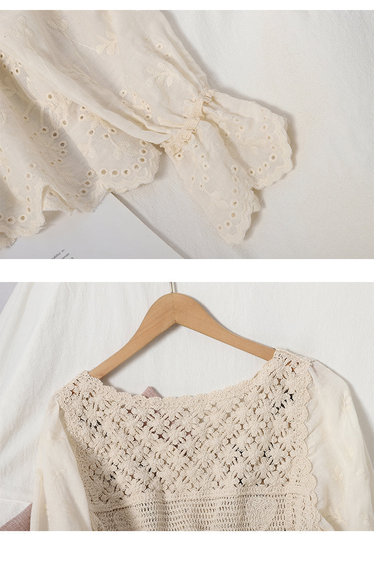 Boho Vintage Blouse Shirt, Yara in White and Apricot