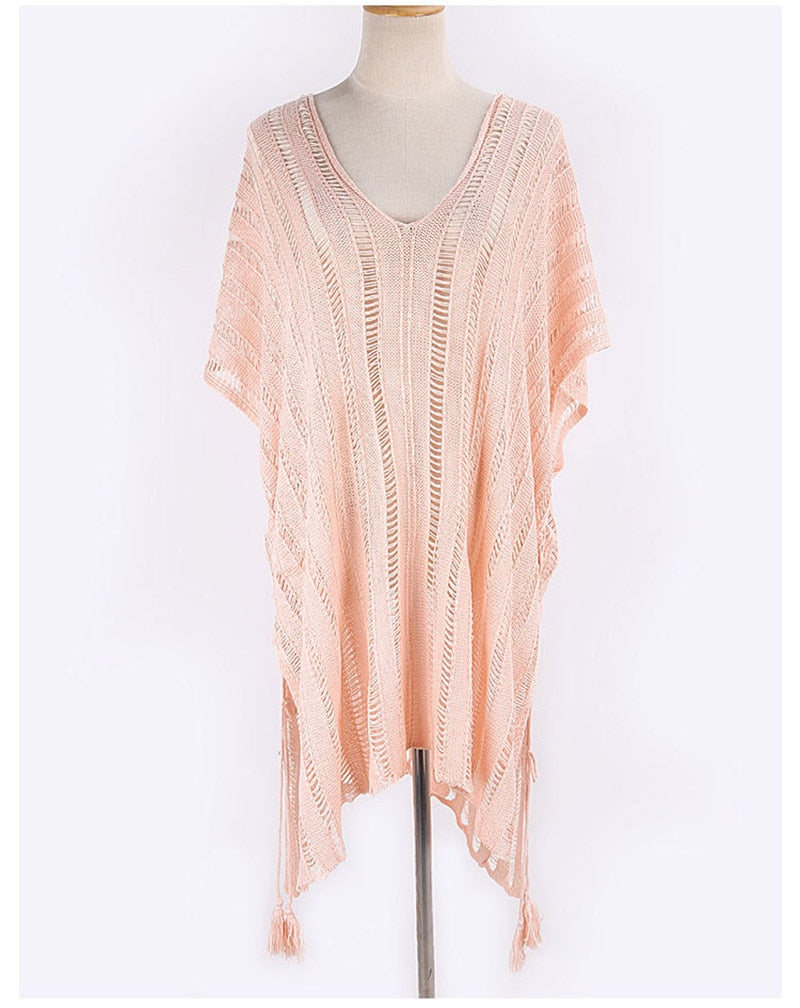 Beach Knitted Cover up, Lupe in  White and Pink