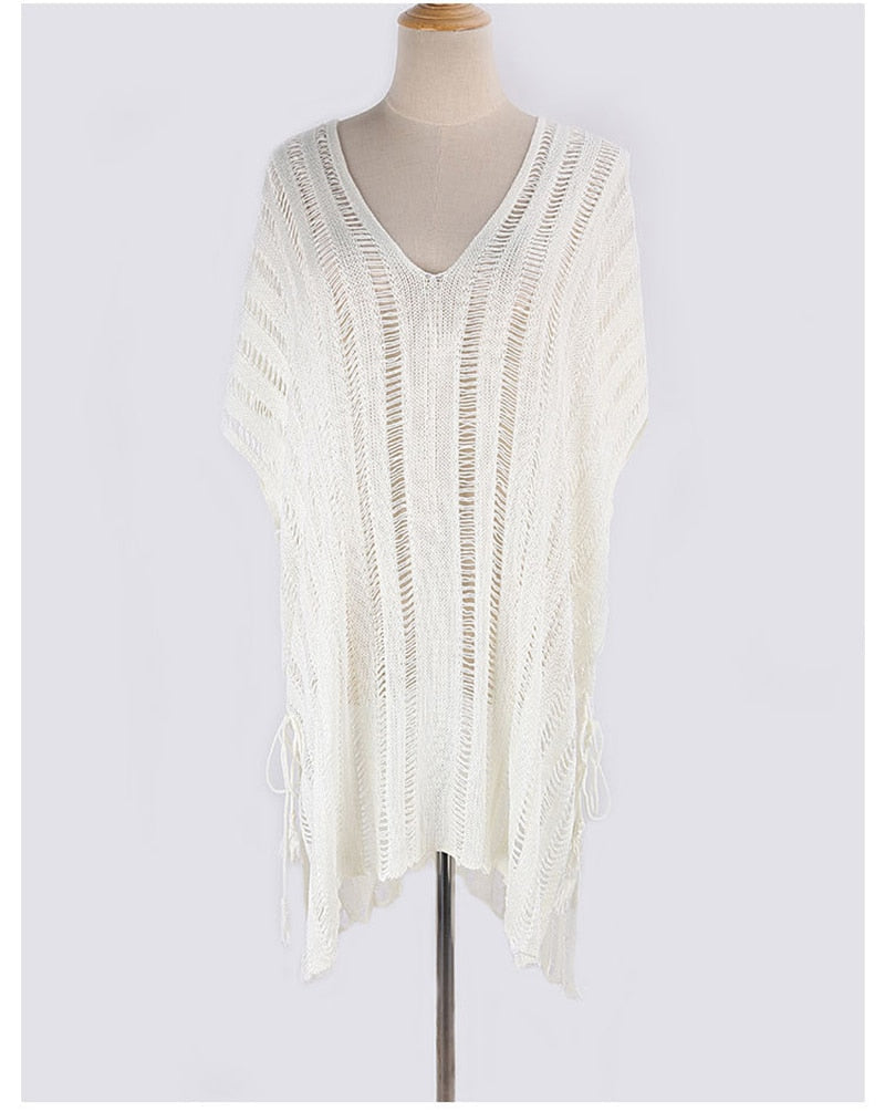 Beach Knitted Cover up, Lupe in  White and Pink