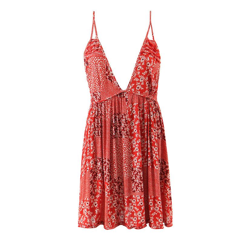 Boho Mini Dress Strappy, Daniela Red Flower Child