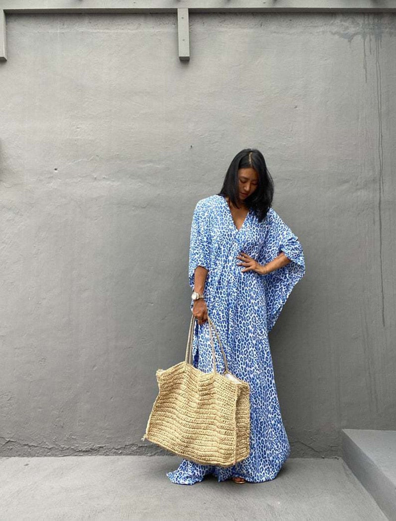 Beach Dress, Maxi Boho Dress, Kaftan Dress, Blue Fern