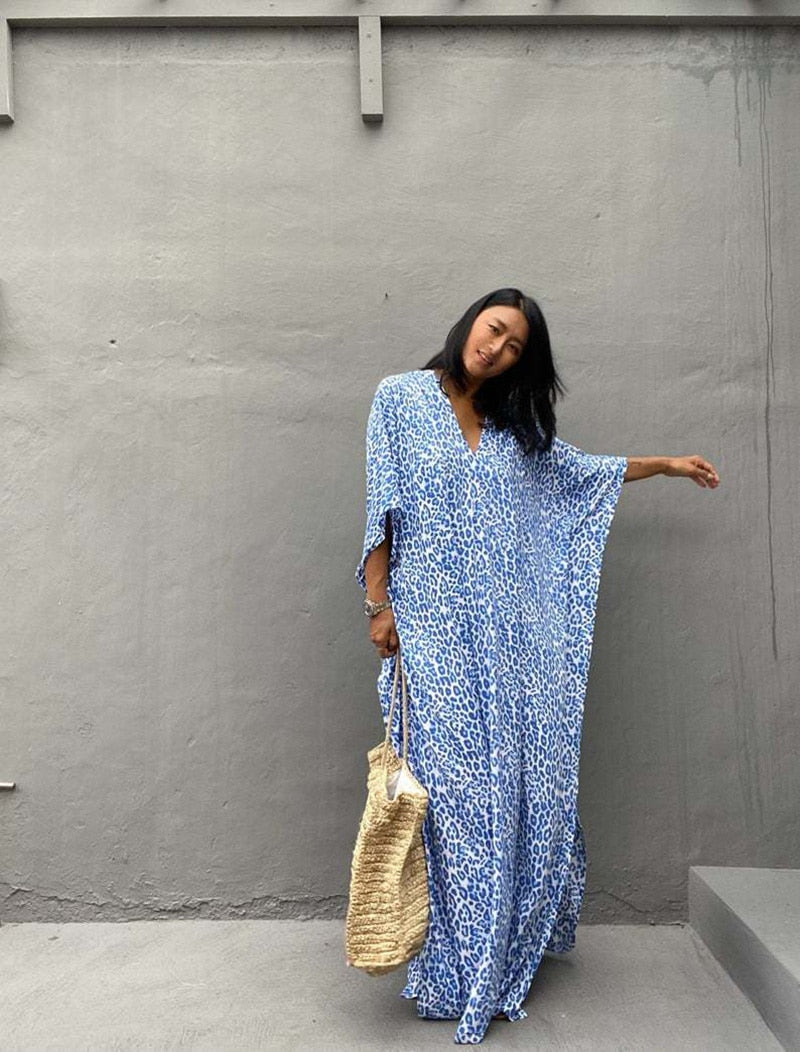 Beach Dress, Maxi Boho Dress, Kaftan Dress, Blue Fern