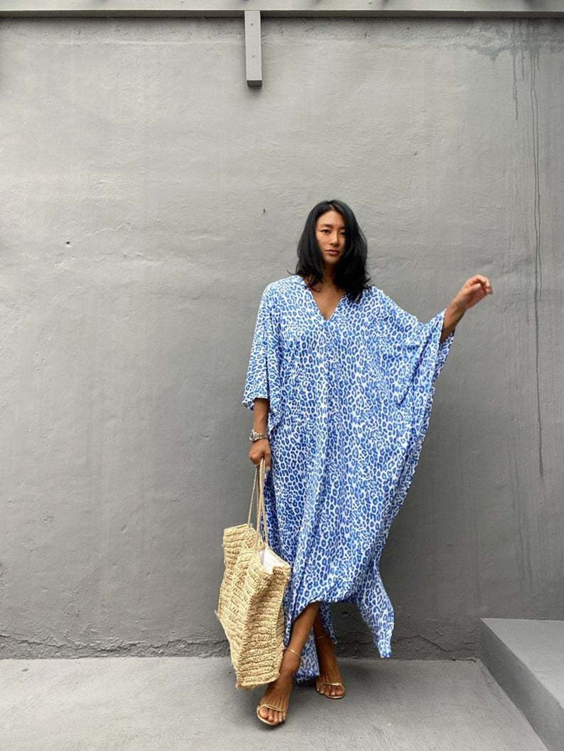 Beach Dress, Maxi Boho Dress, Kaftan Dress, Blue Fern