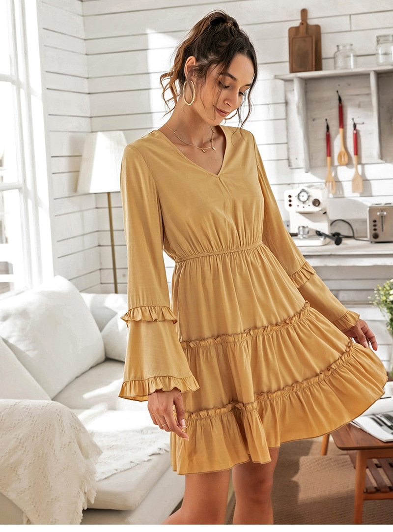 Boho Mini Dress Ruffle Yellow Mustard