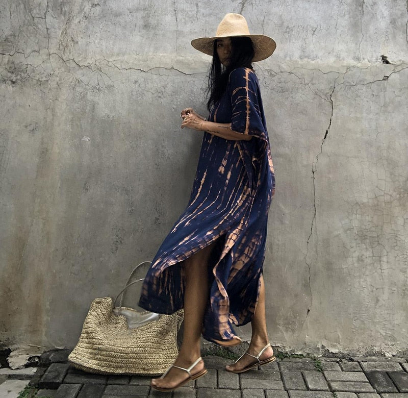 Beach Dress, Maxi Boho Dress, Kaftan Dress, Jose Tie Dye Print in Navy and Black