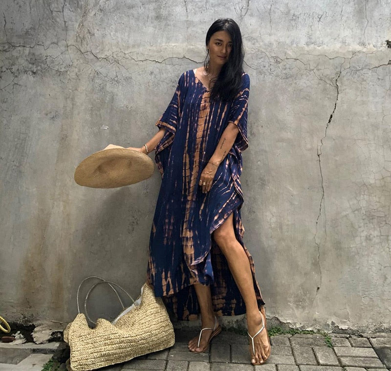 Beach Dress, Maxi Boho Dress, Kaftan Dress, Jose Tie Dye Print in Navy and Black